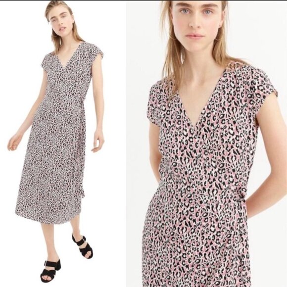 NWT J.Crew Pink leopard printed True wrap midi dress Size XS career workwear - Picture 2 of 10
